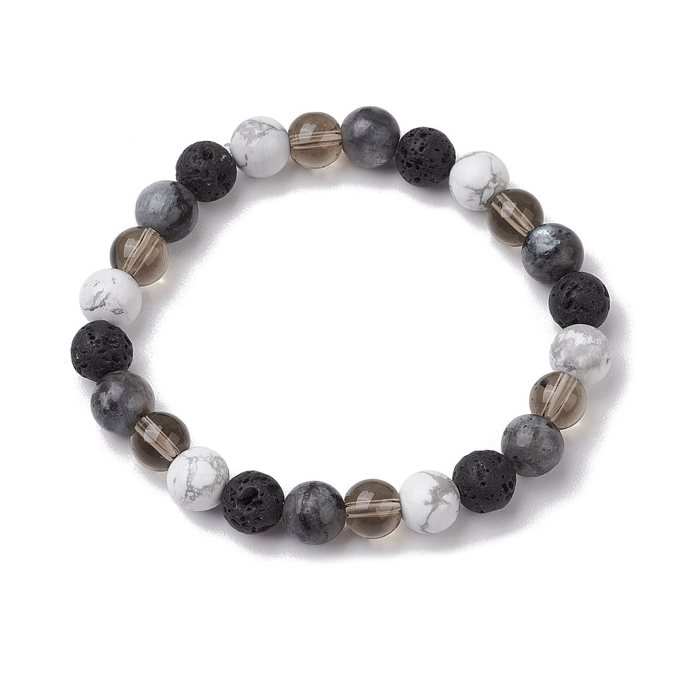 Smokey Quartz, Howlite & Larvikite Beaded Bracelet