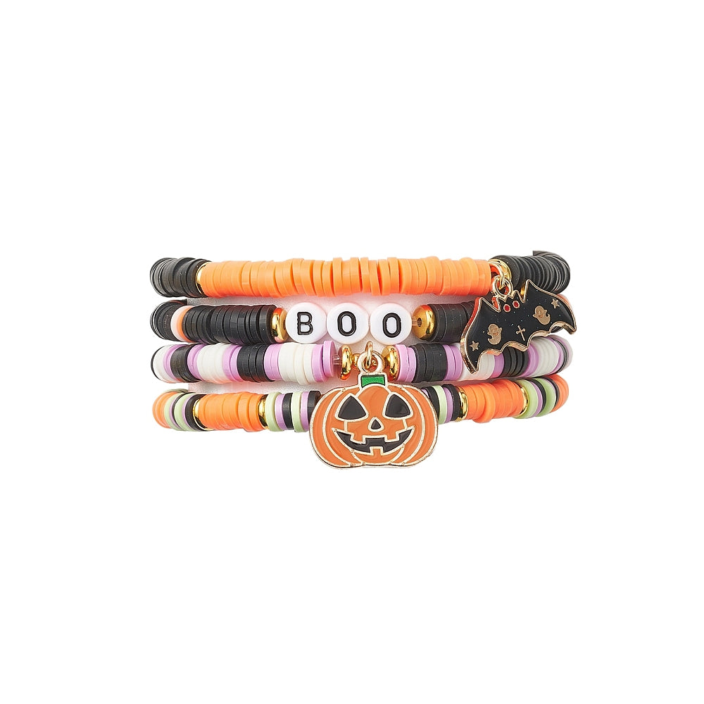 Pumpkin & Bat Charm Stackable Halloween Bracelet Set (4 pcs)