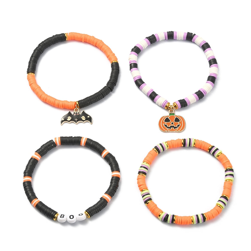 Pumpkin & Bat Charm Stackable Halloween Bracelet Set (4 pcs)