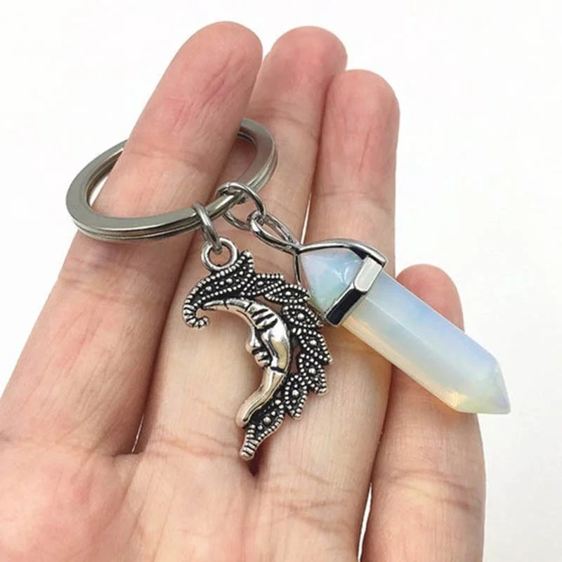 Opalite Moon Keychain – Crescent Charm & Crystal Point