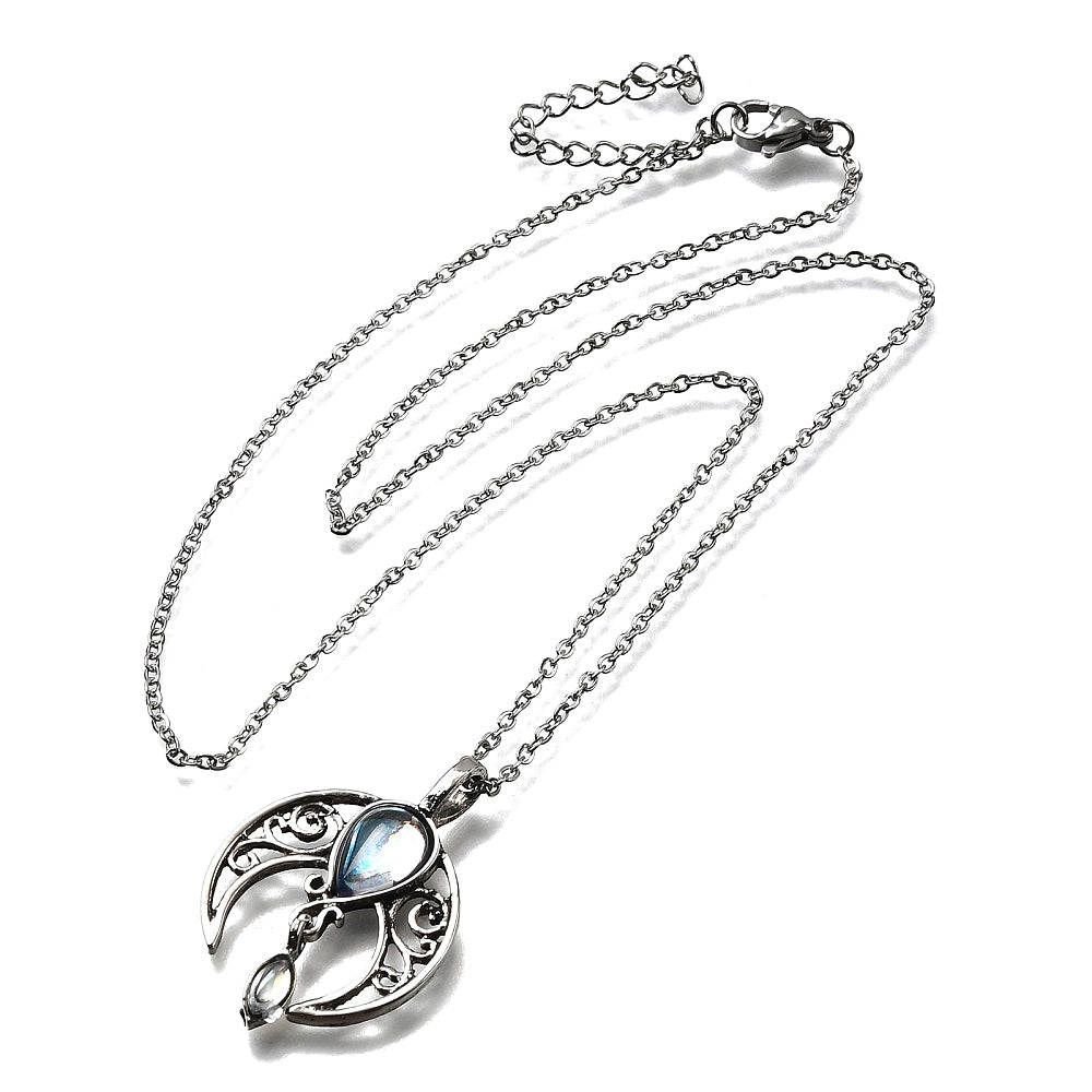 Bohemian Hollow Moon Moonstone Pendant Necklace – Antique Silver