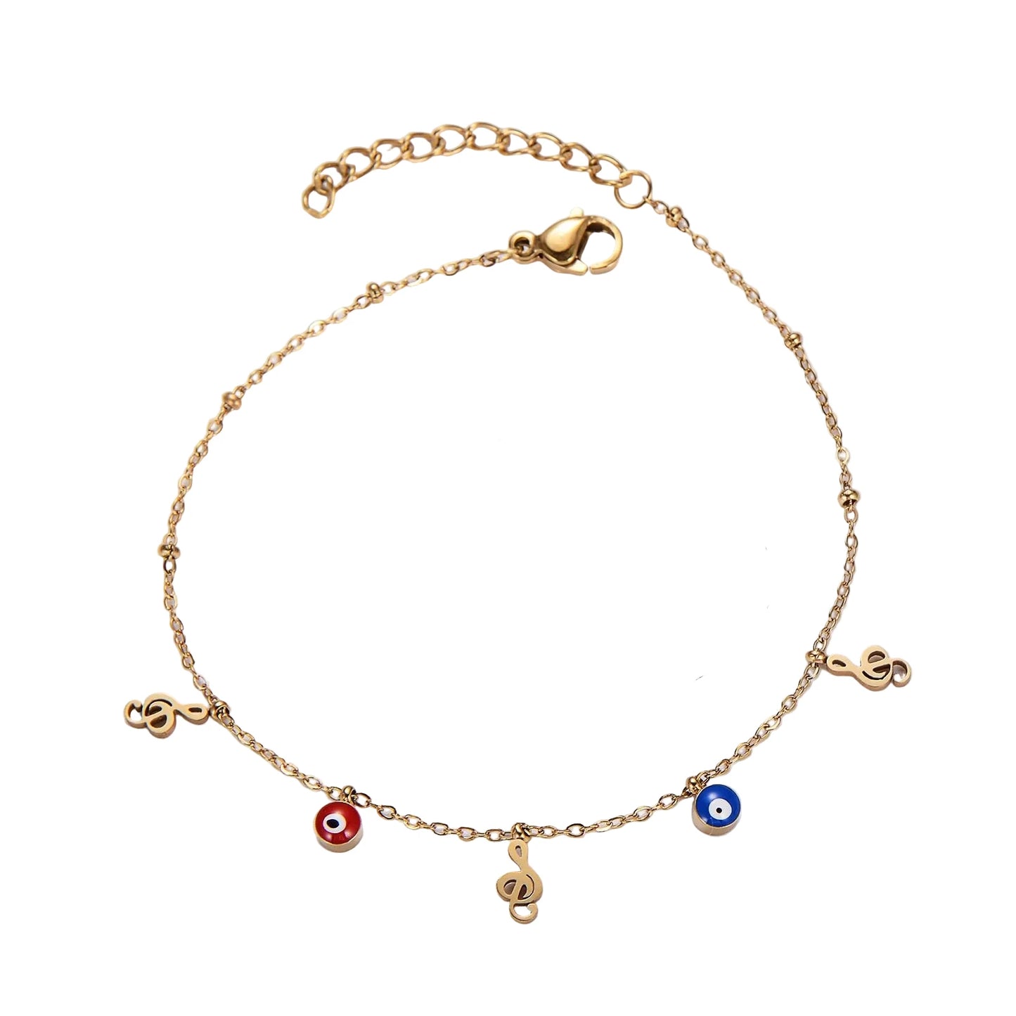 Gold Evil Eye & Treble Clef Charm Bracelet – Stainless Steel Electroplating