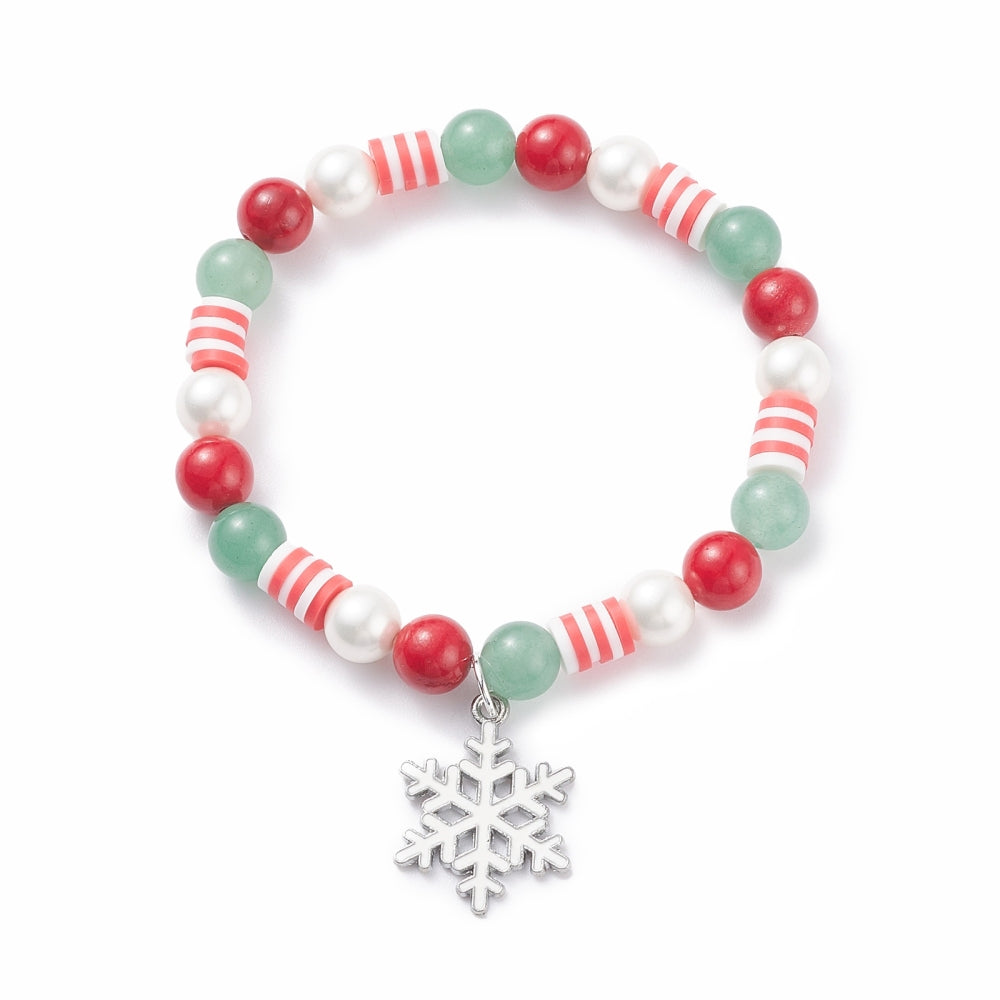 Green Aventurine & Mashan Jade & Shell Pearl Stretch Bracelet w/ Snowflake