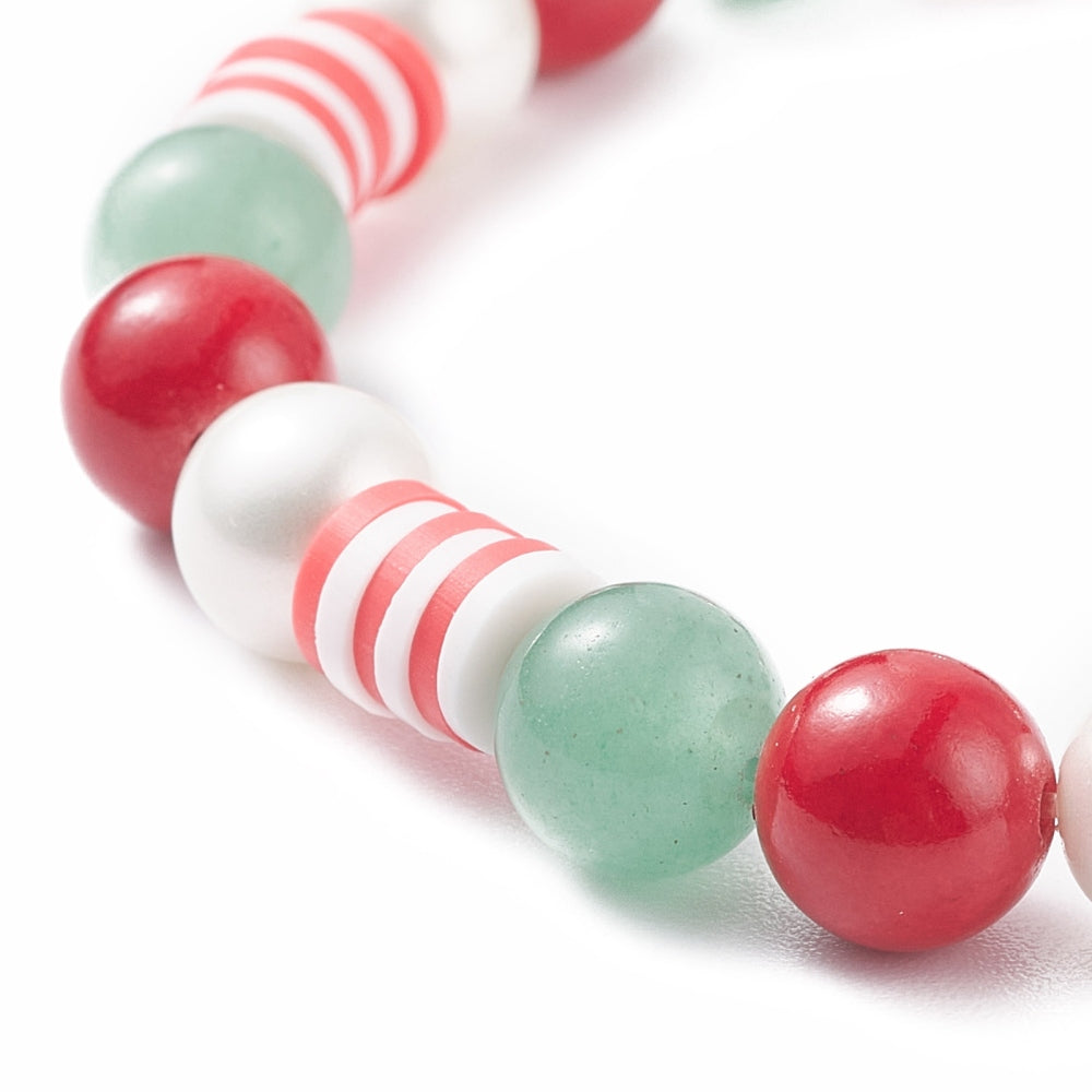 Green Aventurine & Mashan Jade & Shell Pearl Stretch Bracelet w/ Snowflake