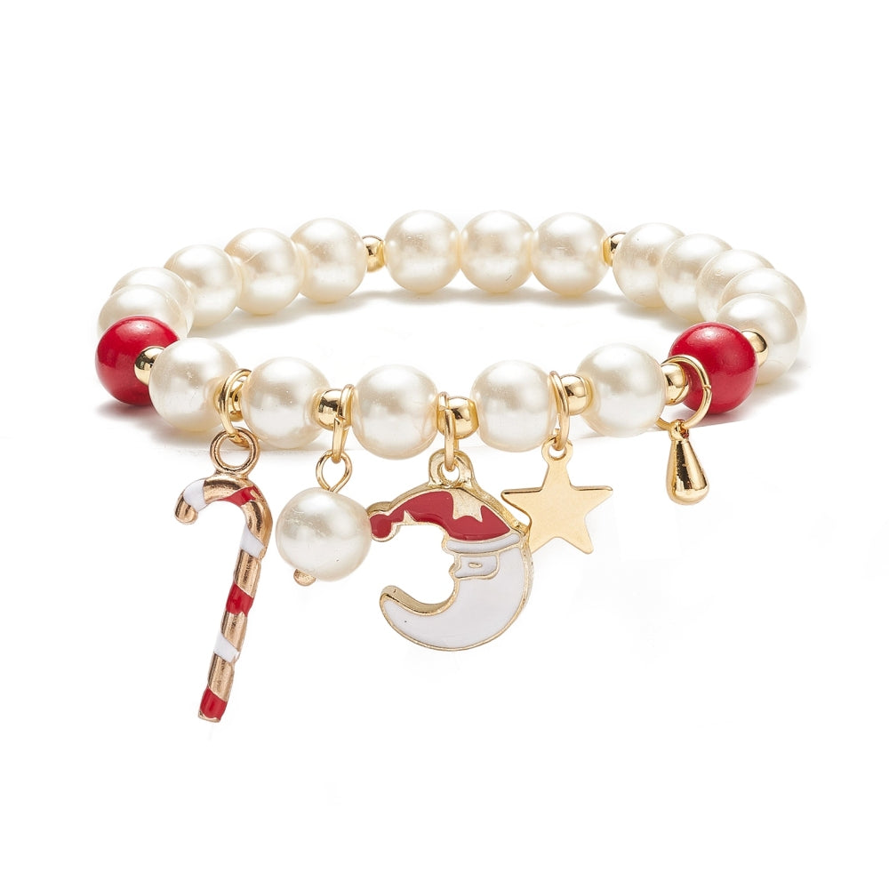 Christmas Charm Pearl Bracelet – Candy Cane, Santa & Star Design