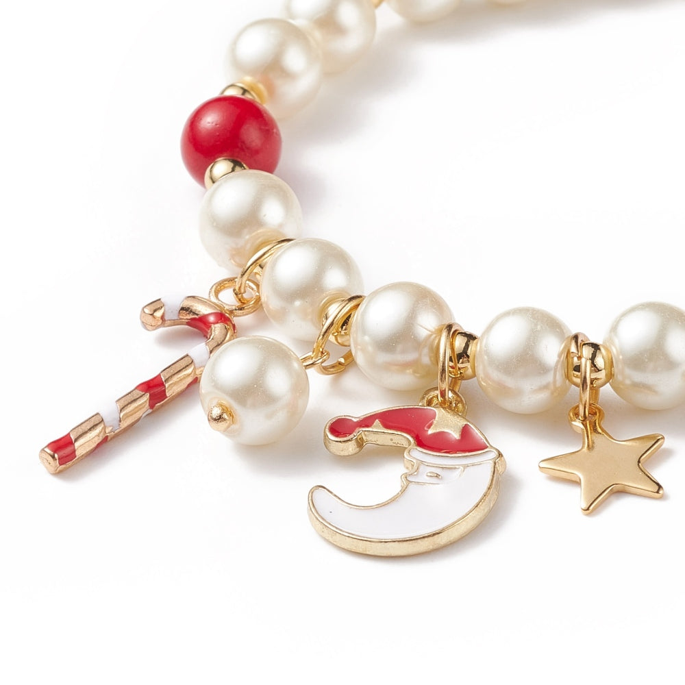 Christmas Charm Pearl Bracelet – Candy Cane, Santa & Star Design