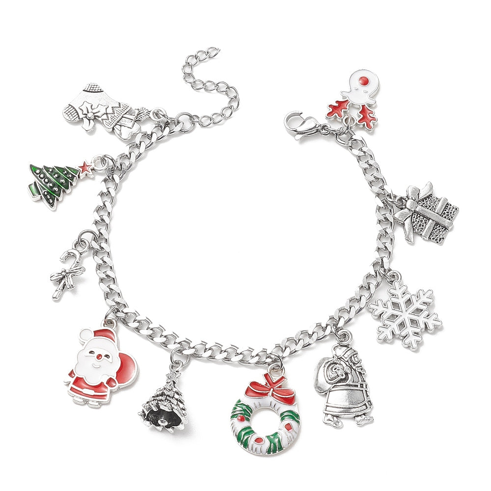 Christmas Tree, Wreath & Santa Claus Holiday Charm Bracelet