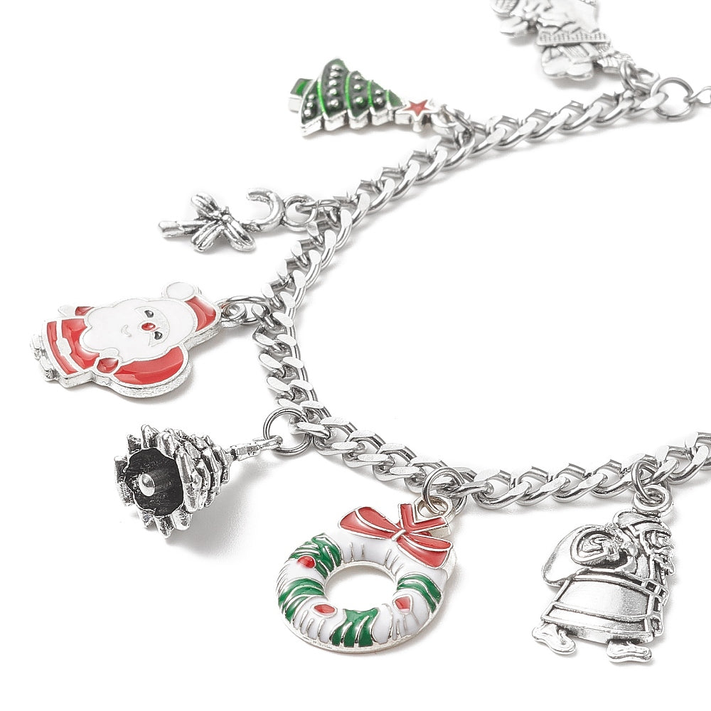 Christmas Tree, Wreath & Santa Claus Holiday Charm Bracelet