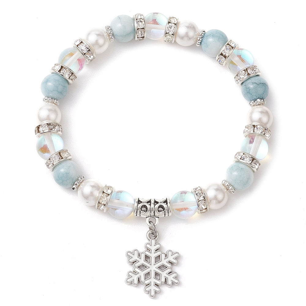 Snowflake Charm Bracelet – Moonstone & Pearl Beaded Stretch Bracelet