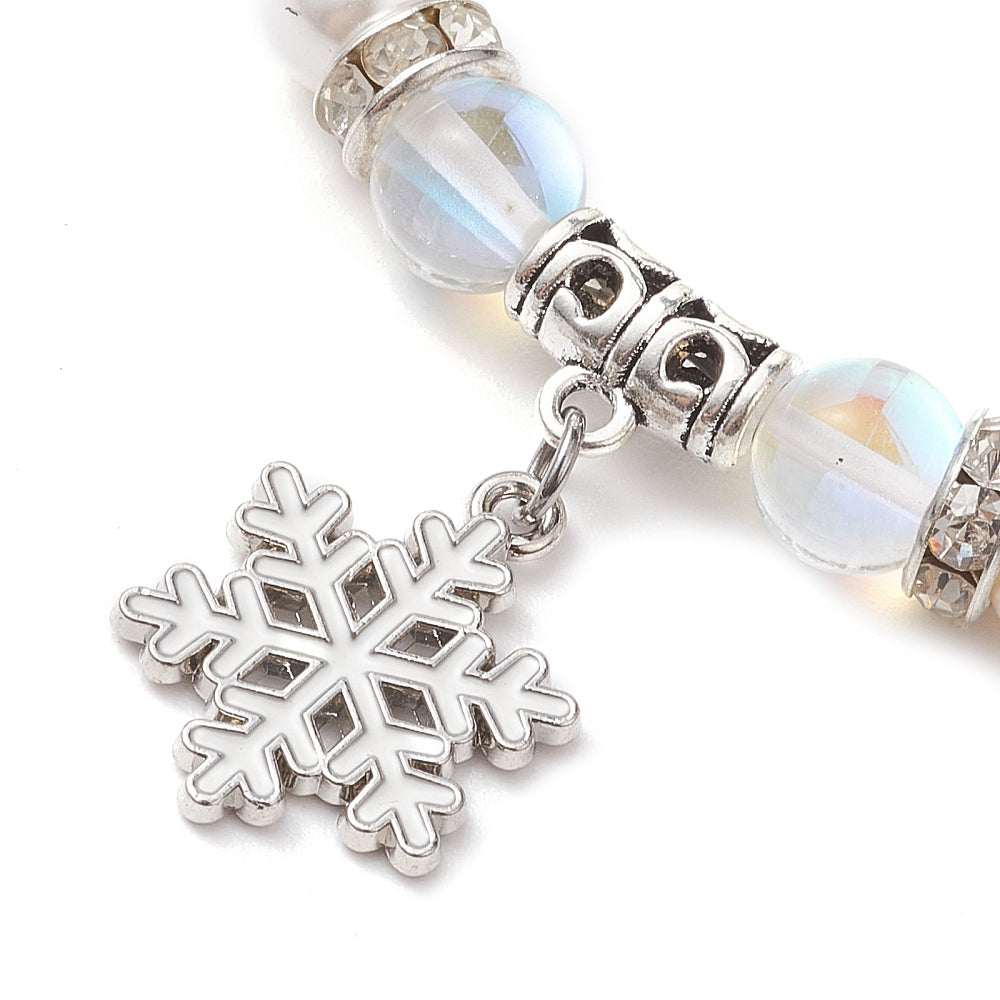 Snowflake Charm Bracelet – Moonstone & Pearl Beaded Stretch Bracelet