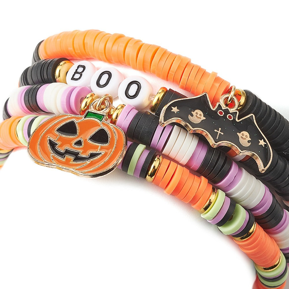 Pumpkin & Bat Charm Stackable Halloween Bracelet Set (4 pcs)
