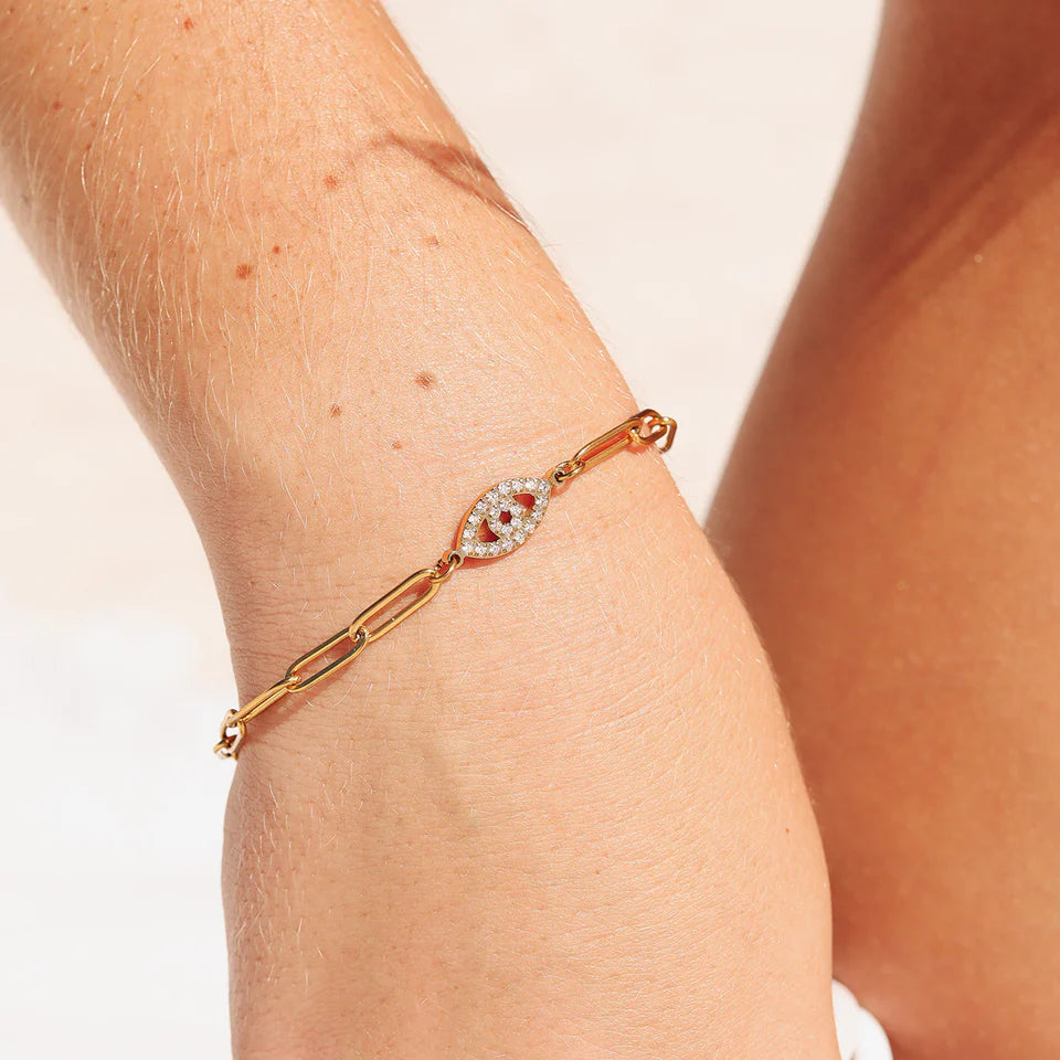 18k PVD Evil Eye Paperclip Chain Bracelet