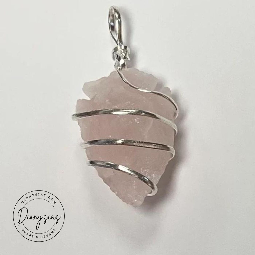 Rose Quartz Arrowhead Silver Plated Wire Wrapped Pendant