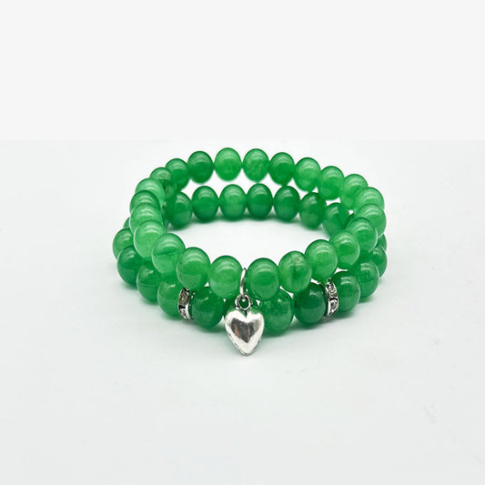 Green Aventurine Beaded Stacked Bracelet w/heart charm