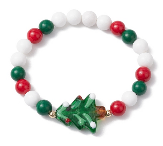 Mashan Jade & Lamp work Beads Stretch Bracelets w/Christmas Tree,