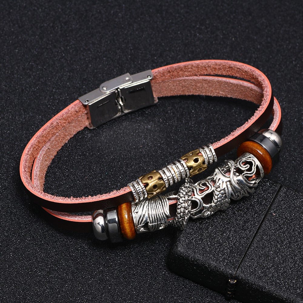 Stainless Steel Dragon Leather Bracelets w/Hematite