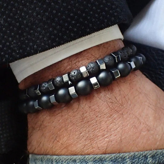 Natural Lava Rock & Frosted Black Agate Stretch Bracelets Set