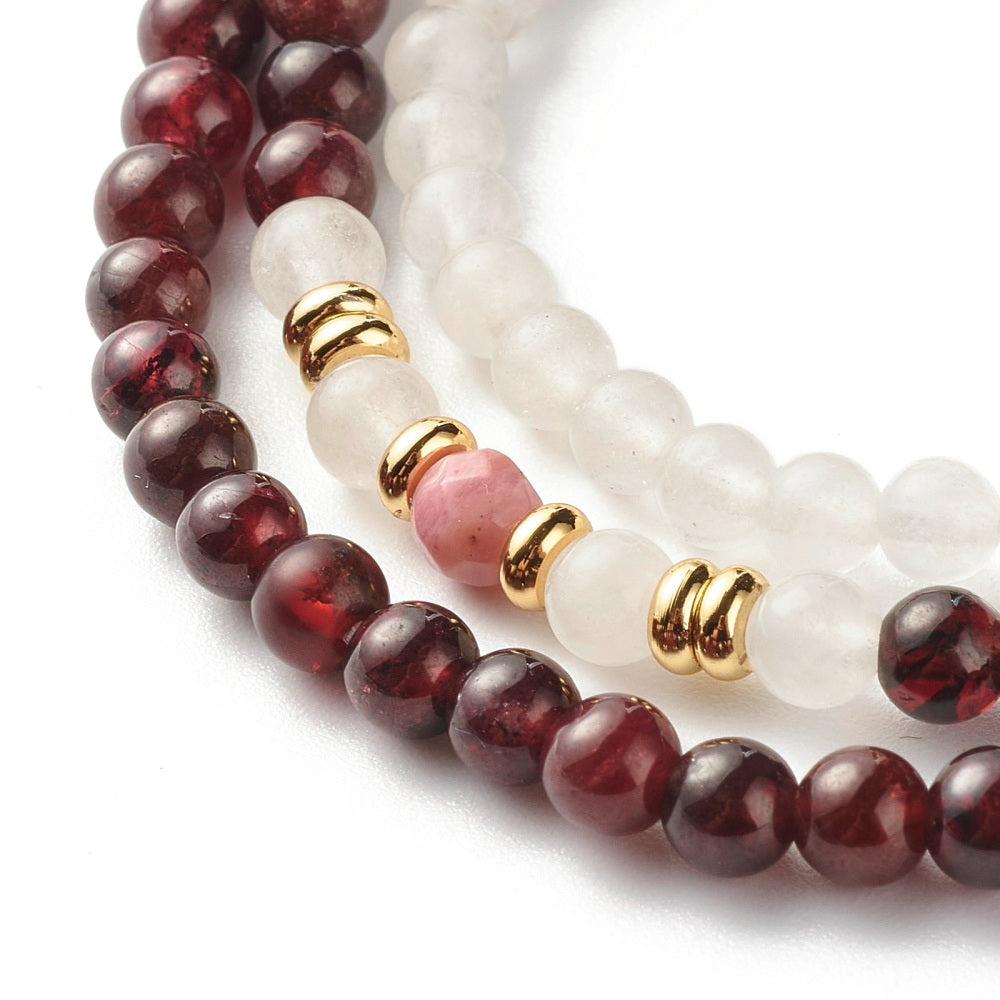 Garnet, Rhodonite,  & White Jade Beaded Bracelets