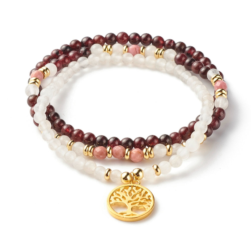 Garnet, Rhodonite,  & White Jade Beaded Bracelets