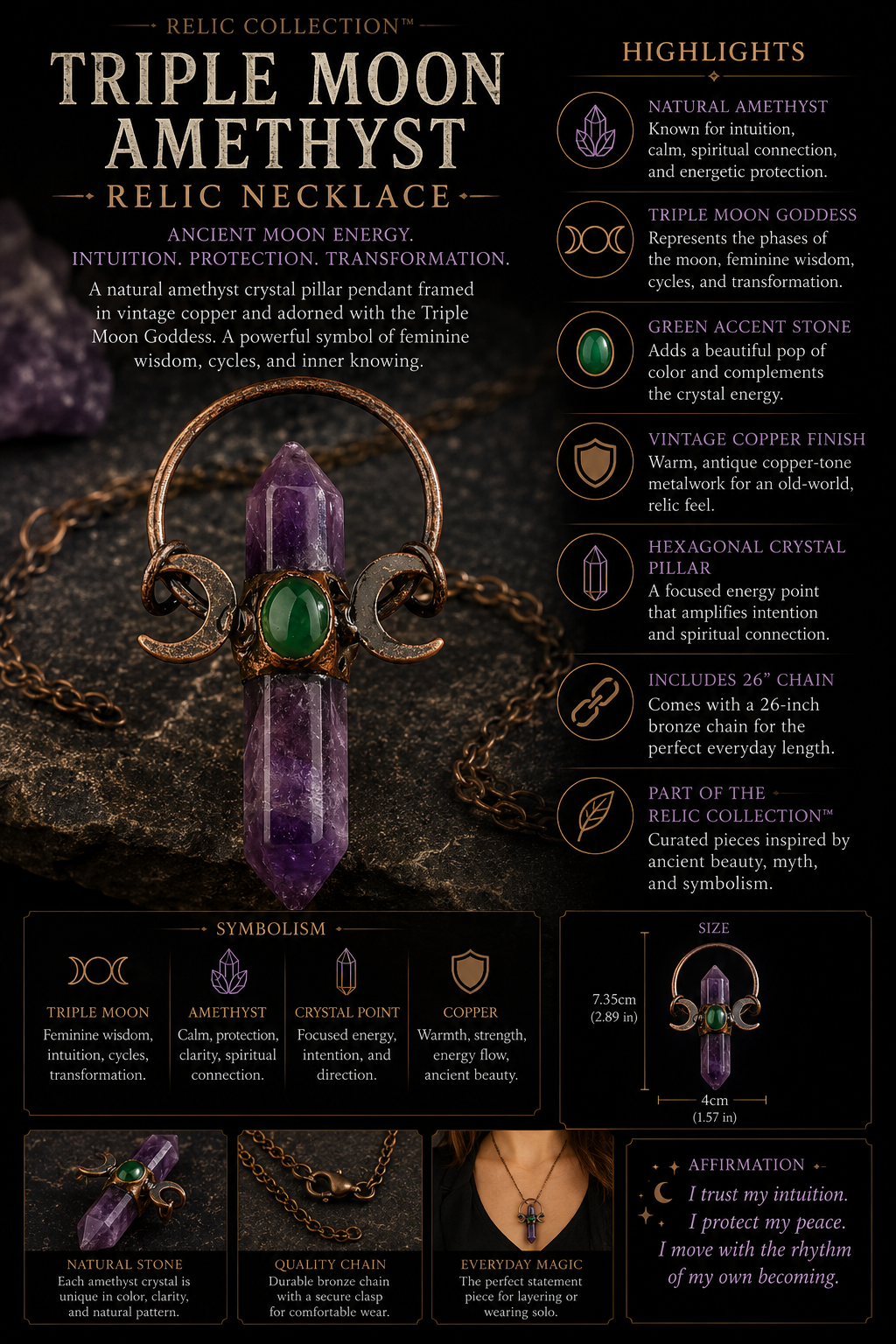 Triple Moon Goddess Amethyst Relic Necklace