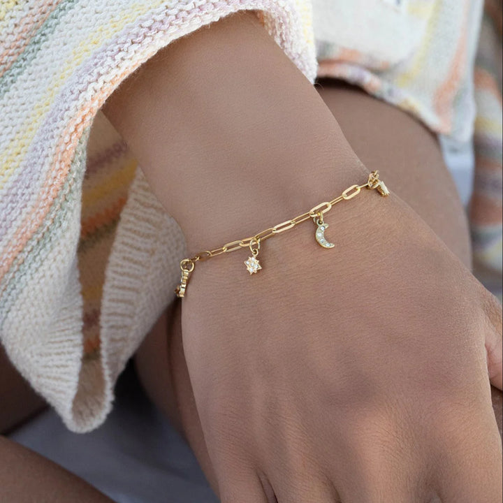 18k Gold PVD Moon & Star Charm Bracelet