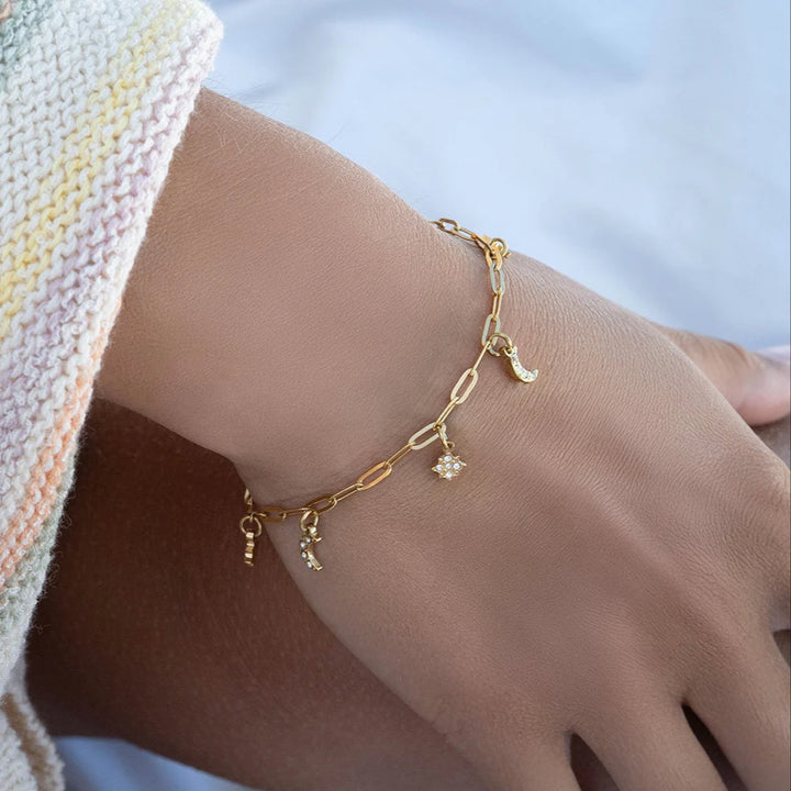 18k Gold PVD Moon & Star Charm Bracelet