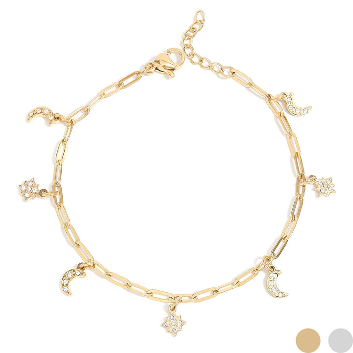 18k Gold PVD Moon & Star Charm Bracelet