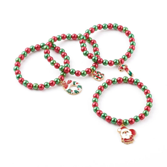 Christmas Charm Bracelet Set – Red & Green Beaded Stretch Bracelets