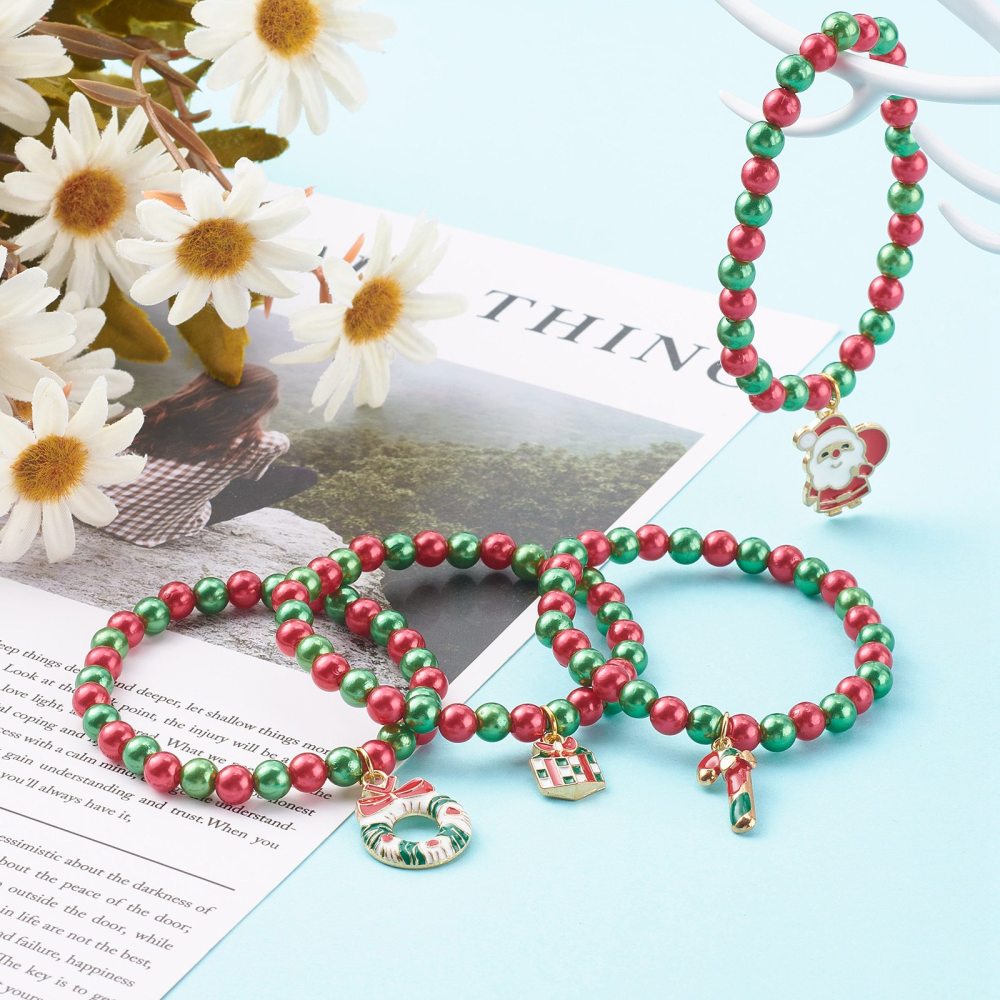Christmas Charm Bracelet Set – Red & Green Beaded Stretch Bracelets