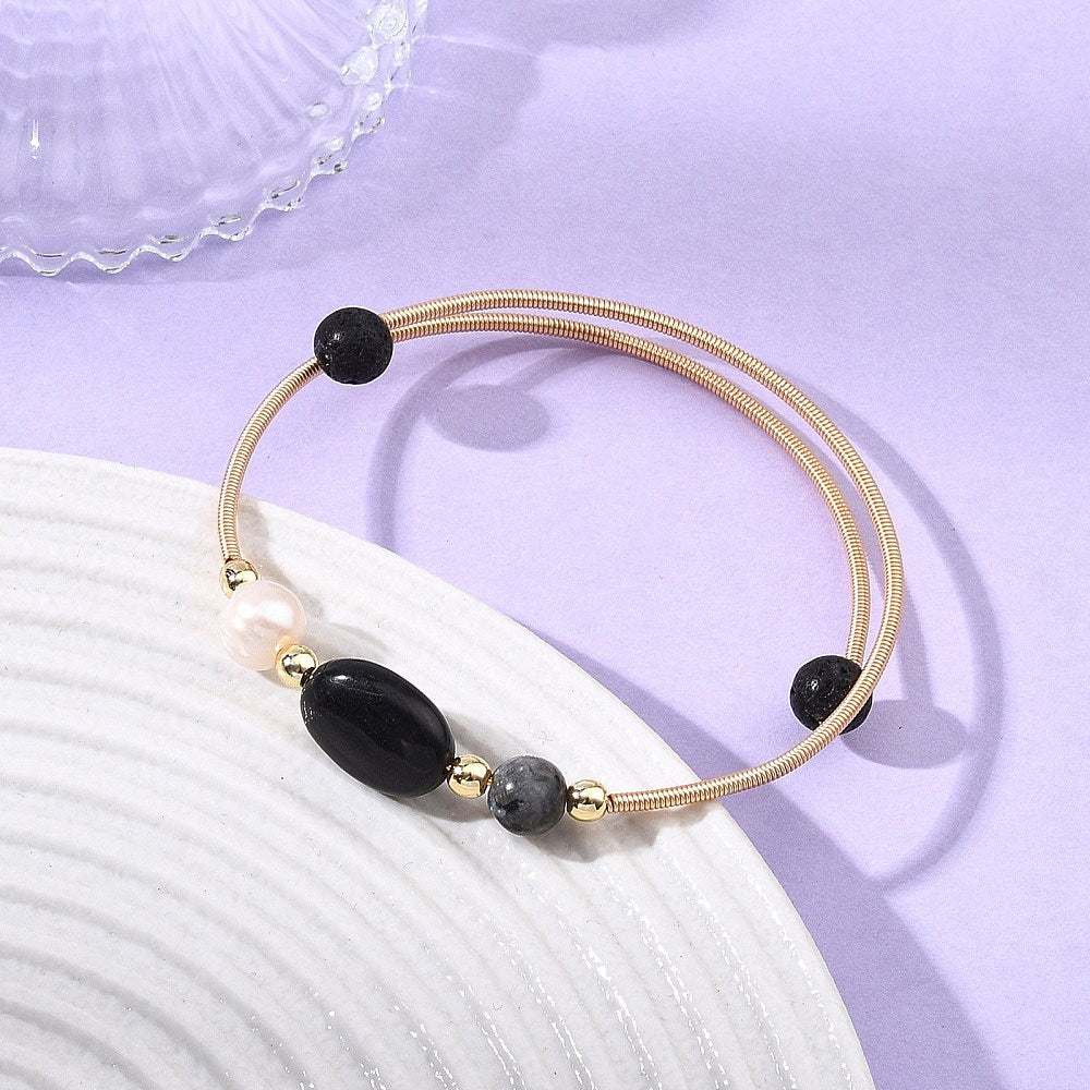 Black Tourmaline, Larvikite &amp; Pearl Gold-Plated Torque Bangle