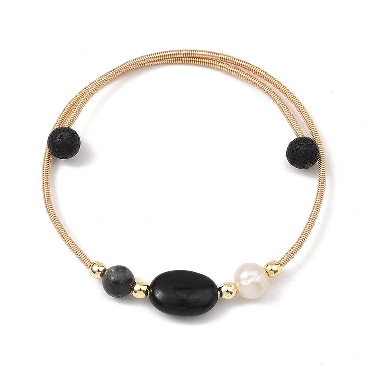 Black Tourmaline, Larvikite &amp; Pearl Gold-Plated Torque Bangle