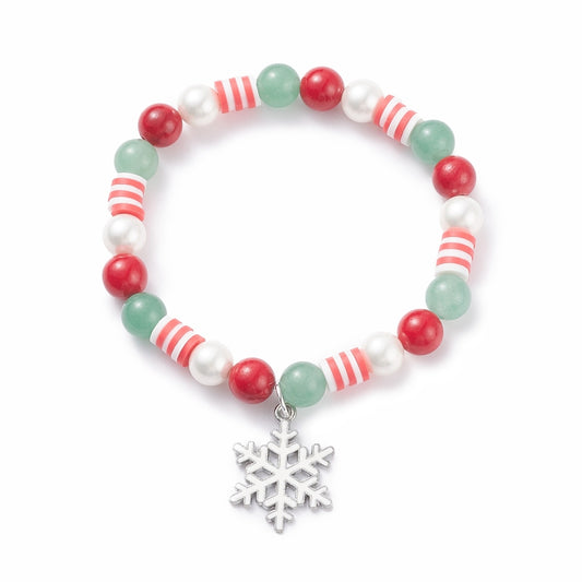 Green Aventurine & Mashan Jade & Shell Pearl Stretch Bracelet w/ Snowflake
