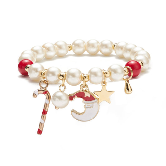 Christmas Charm Pearl Bracelet – Candy Cane, Santa & Star Design