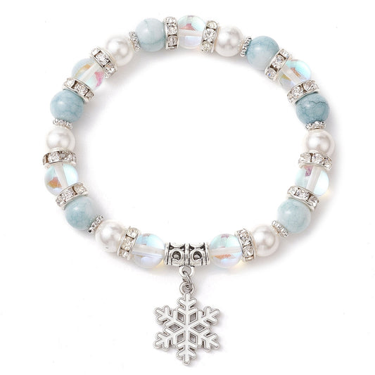 Snowflake Charm Bracelet – Moonstone & Pearl Beaded Stretch Bracelet