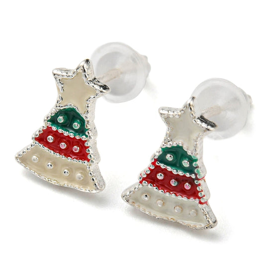 Christmas Tree Stud Earrings | Festive Platinum Holiday Jewelry