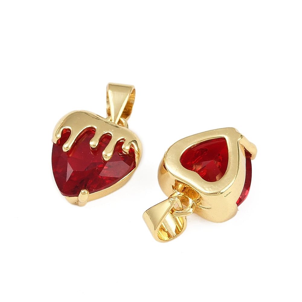 Melting Heart Charm – 18K Gold Plated Brass with Red Glass Stone