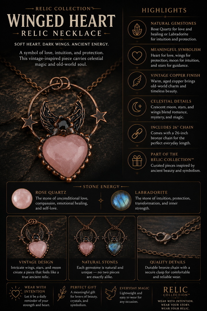Rose Quartz &amp; Labradorite Winged Heart Relic Necklace
