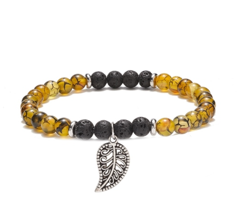 Natural Dragon Veins Agate & Lava Rock Stretch Bracelet with Alloy Leaf Charm