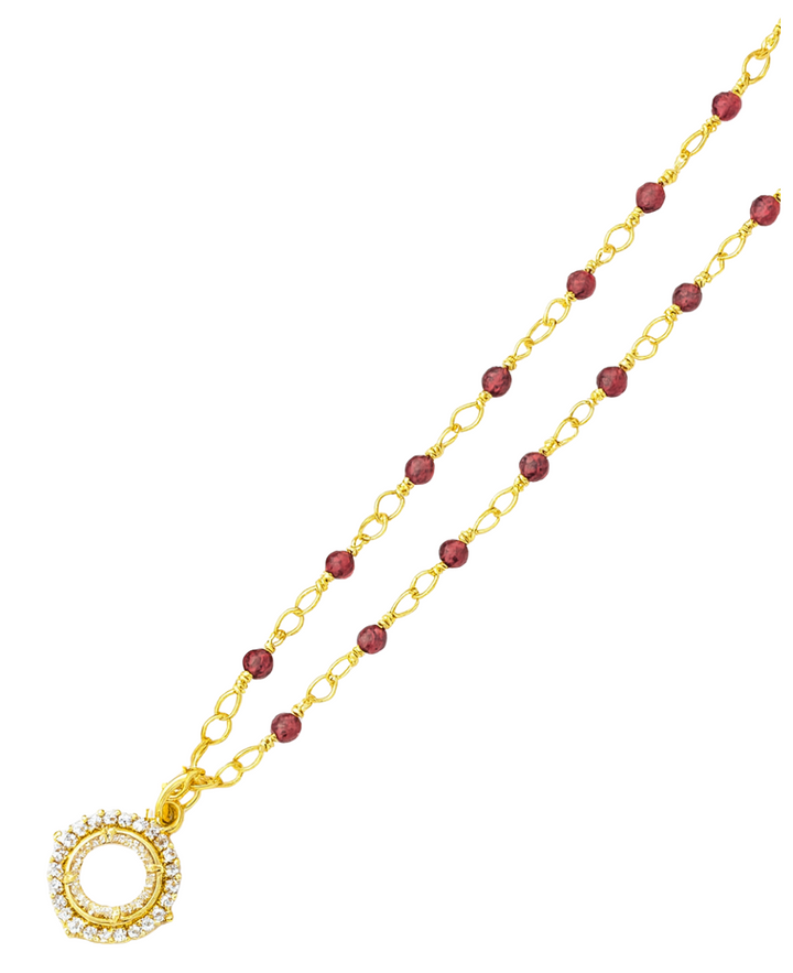 Garnet Beaded Chain Necklace with Clear Quartz Halo Charm
