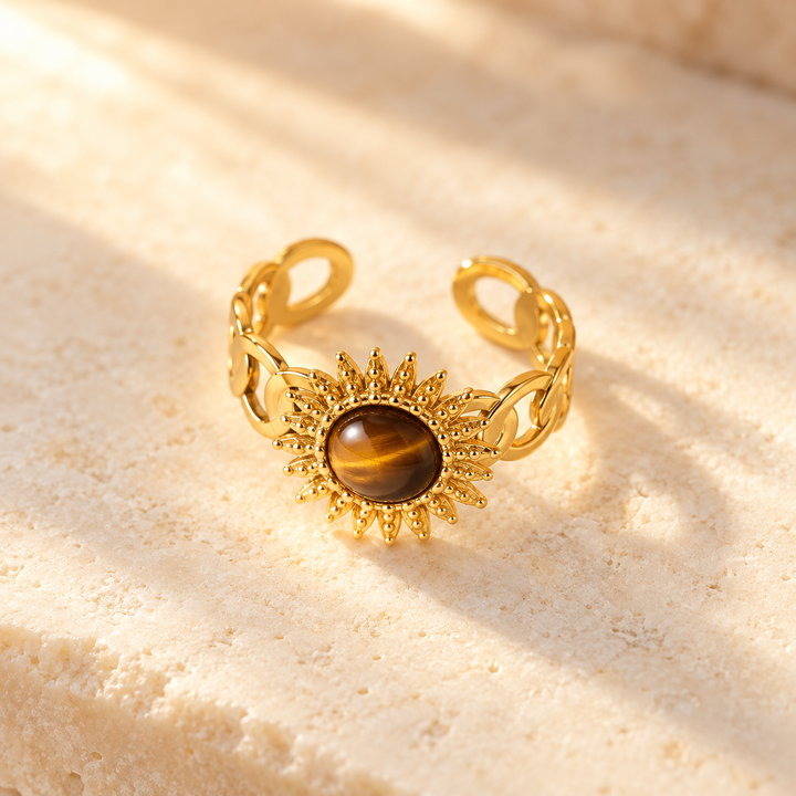 14 k plated Tiger’s Eye Sunburst Open Ring
