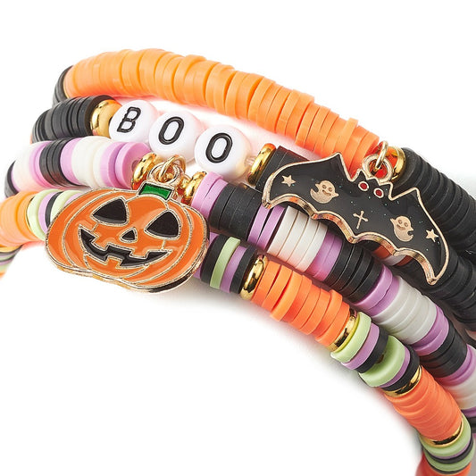 Pumpkin & Bat Charm Stackable Halloween Bracelet Set (4 pcs)