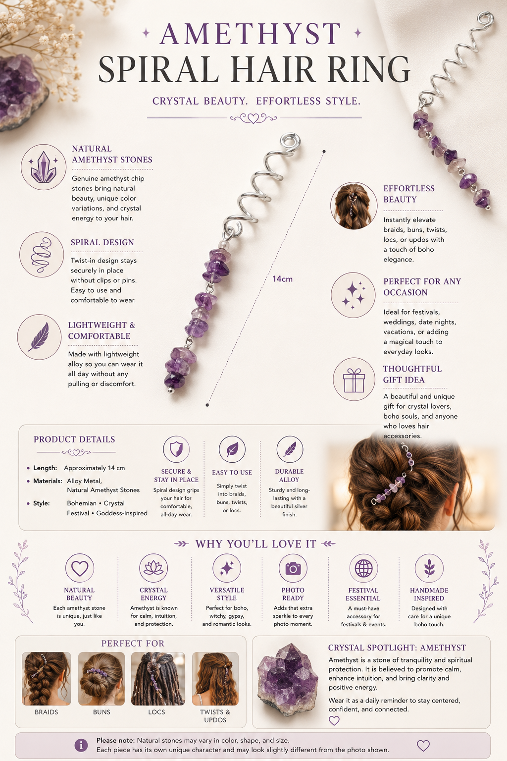 Amethyst Spiral Hair Ring
