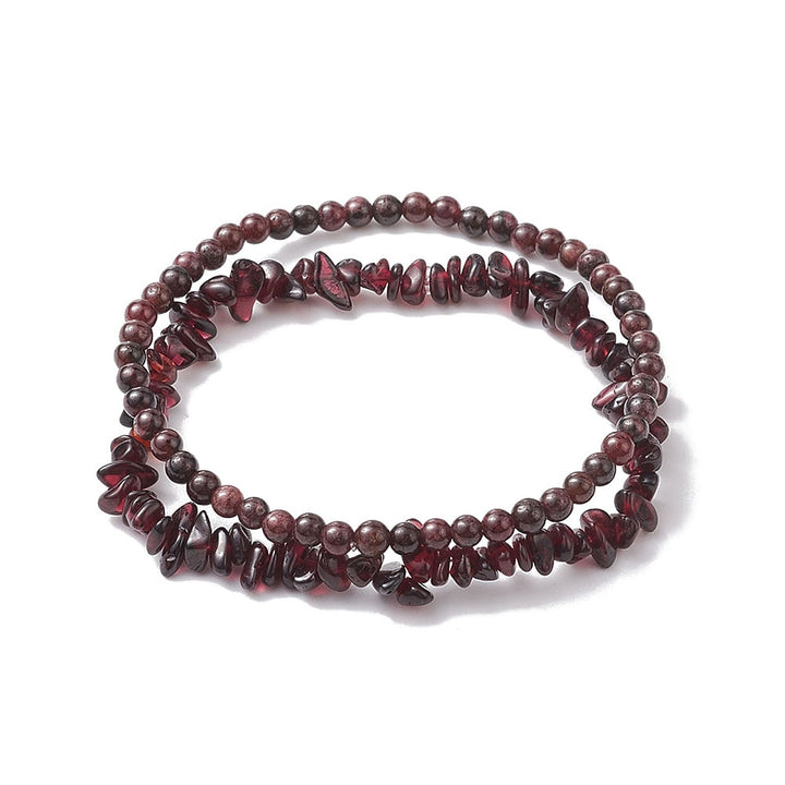 Garnet Chip & Round Gemstone Stretch Bracelets (2-Piece Set)