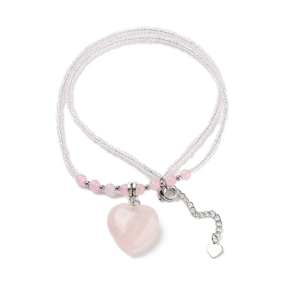Rose Quartz Heart Seed Bead Necklace