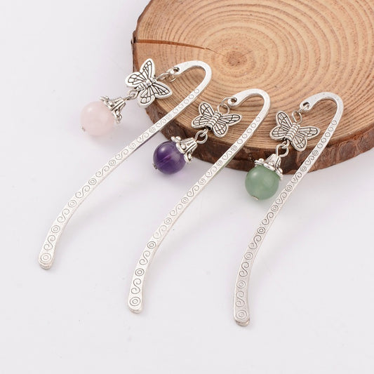 Antique Silver Plated Alloy Butterfly Bookmarks w/Natural Gemstone Beads