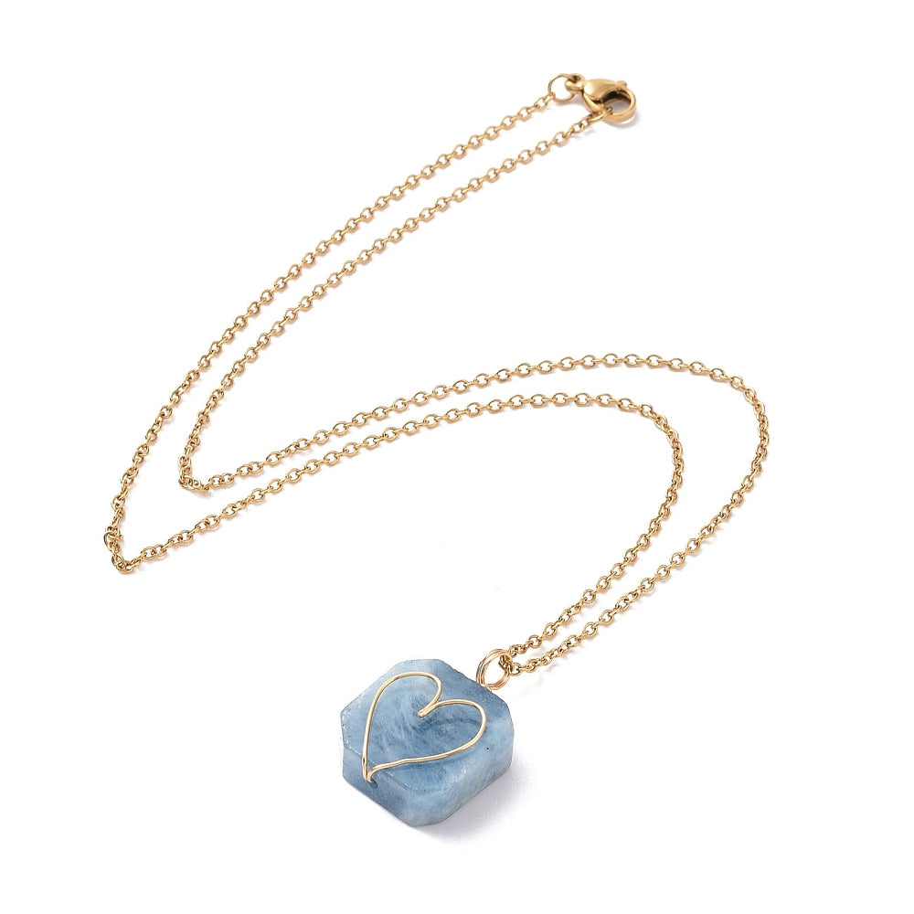 Hexagon Wire Wrapped Aquamarine Heart Necklace