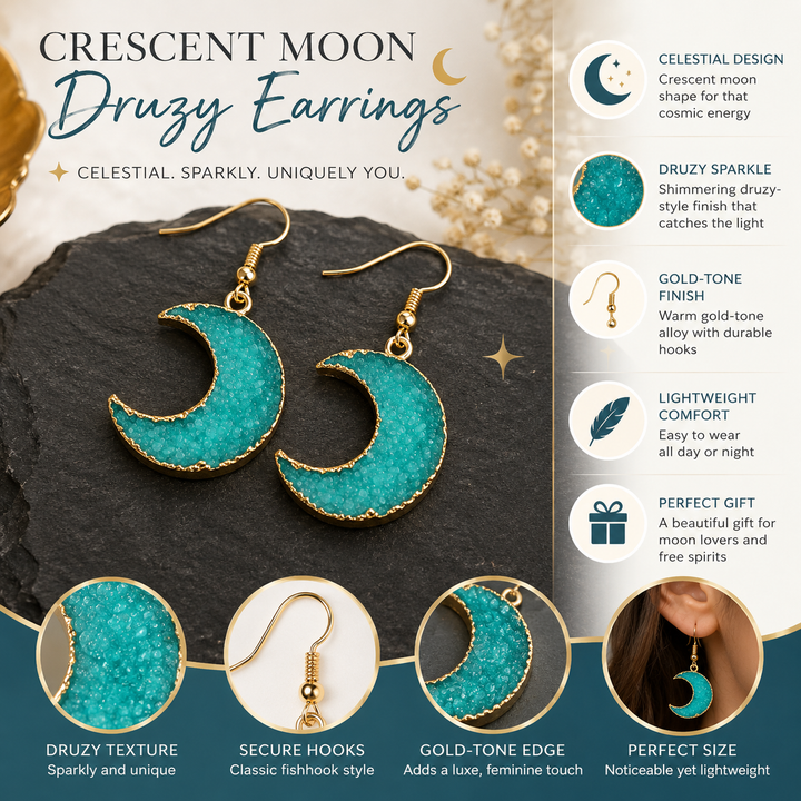 Crescent Moon Druzy Dangle Earrings