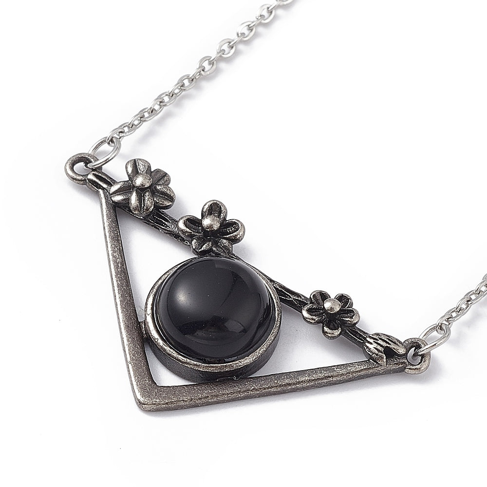 Black Obsidian Triangle Flower Necklace