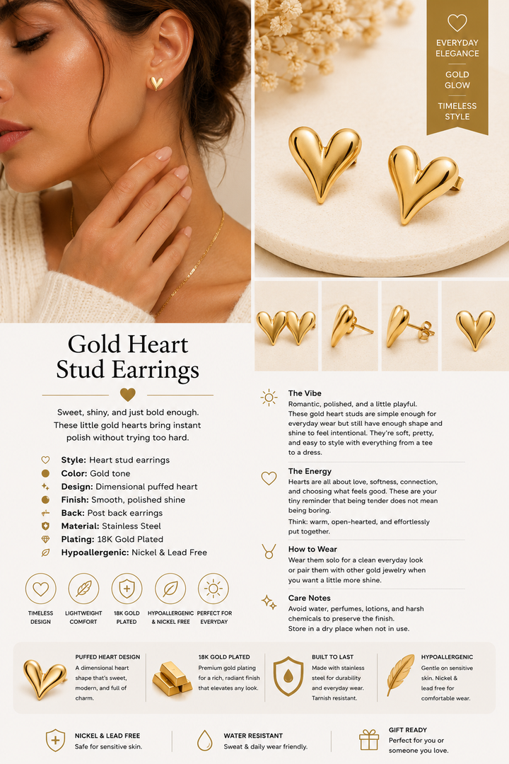 Gold Heart Stud Earrings