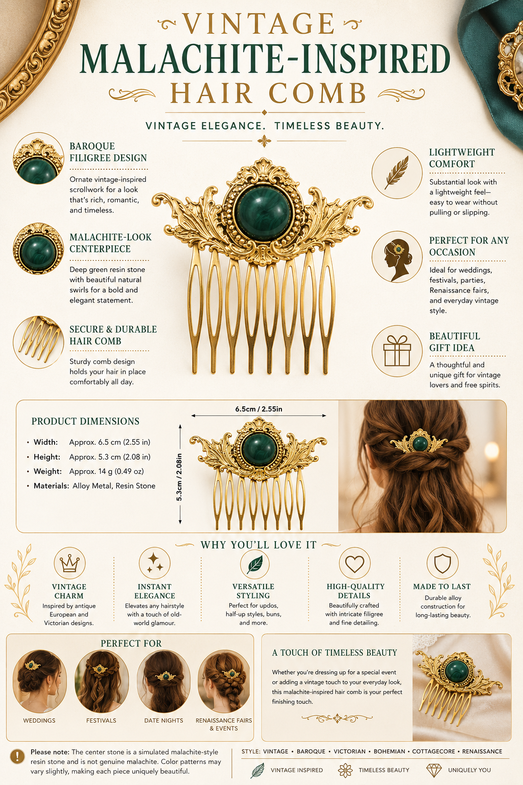 Vintage Malachite-Inspired Hair Comb (gold)